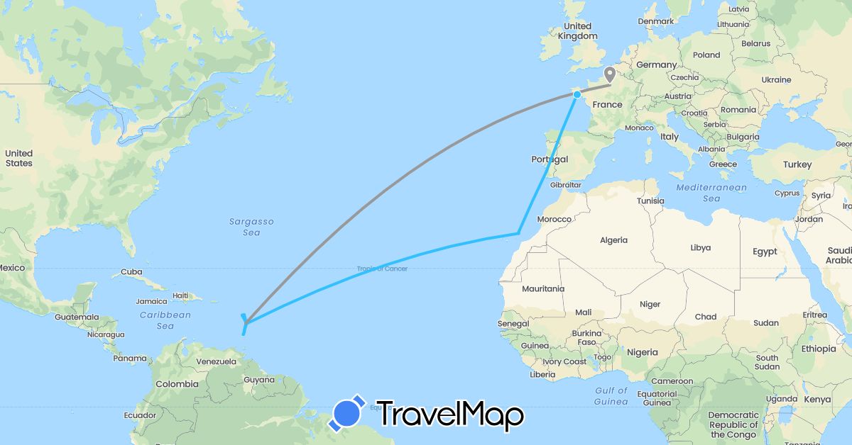 TravelMap itinerary: driving, plane, boat in Spain, France, Portugal, Saint Vincent and the Grenadines (Europe, North America)